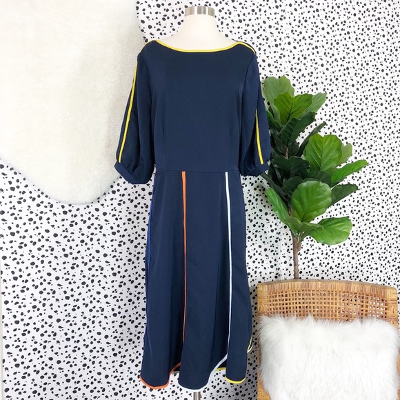 Eloquii Dresses & Skirts - Eloquii | Navy Puff Sleeve Colorful Striped Scalloped Plus Size Blue Dress 14